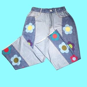 SHEIN Women’s Stretchy Y2k Hippie Flower Power Jean Print Flare Pants Size XL